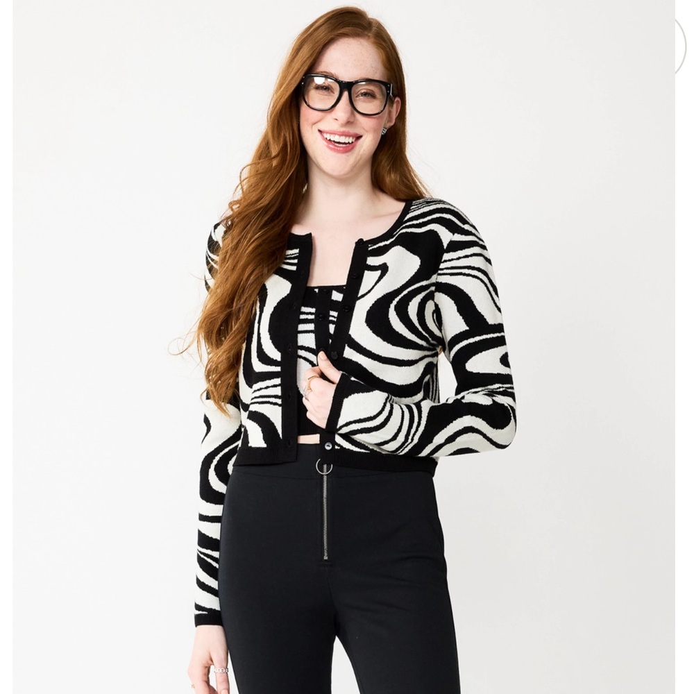 SO Women's Abstract Swirl Sweater Tank & Cardigan Set, Black & White, Sz XL - Picture 1 of 16